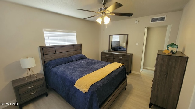 bedroom with ceiling fan and light hardwood / wood-style flooring