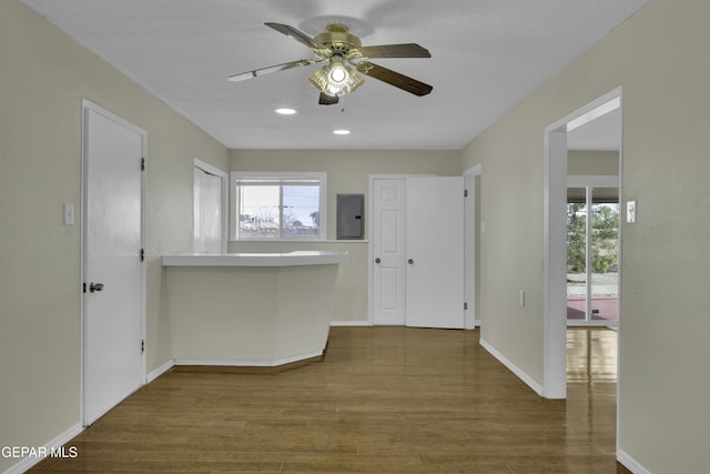 kitchen featuring ceiling fan, electric panel, hardwood / wood-style floors, and a wealth of natural light