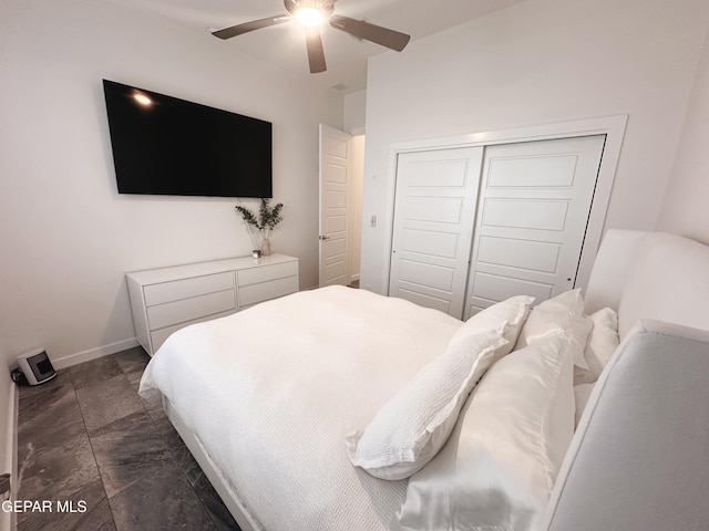 bedroom with ceiling fan and a closet