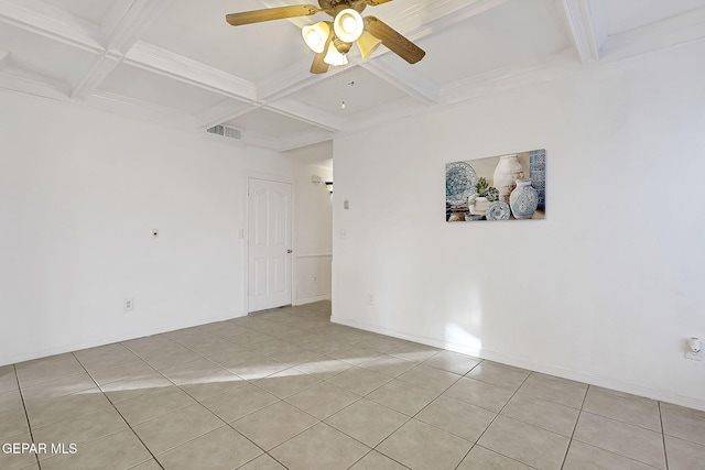 tiled empty room featuring beamed ceiling, coffered ceiling, and ceiling fan