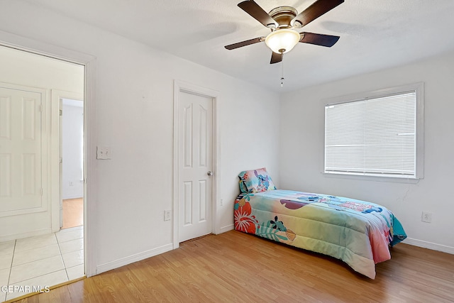 bedroom featuring ceiling fan and light hardwood / wood-style floors