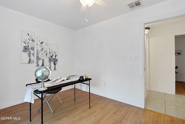 office featuring ceiling fan and light wood-type flooring