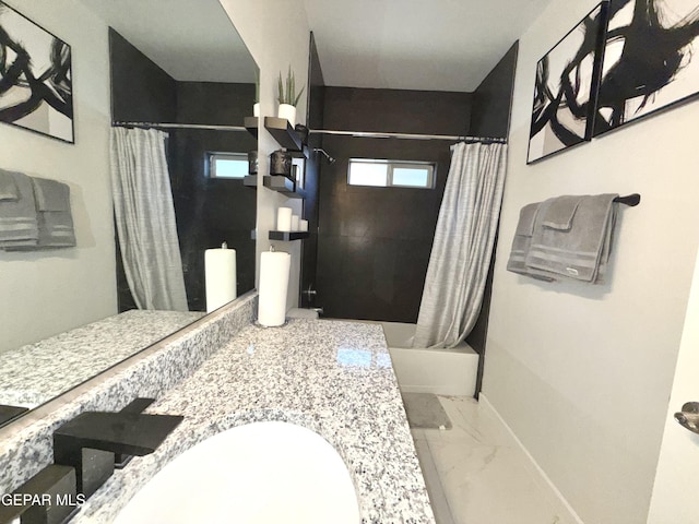 bathroom featuring shower / tub combo with curtain and vanity