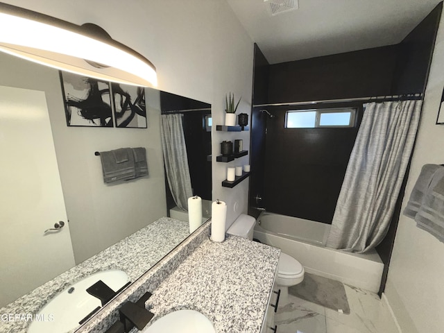 full bathroom featuring vanity, shower / bathtub combination with curtain, and toilet