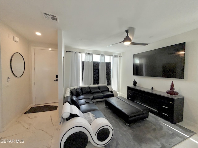 living room with ceiling fan