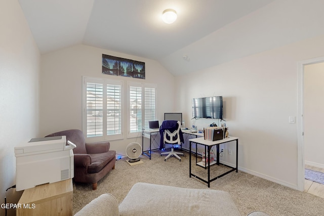 office area with lofted ceiling and hardwood / wood-style floors