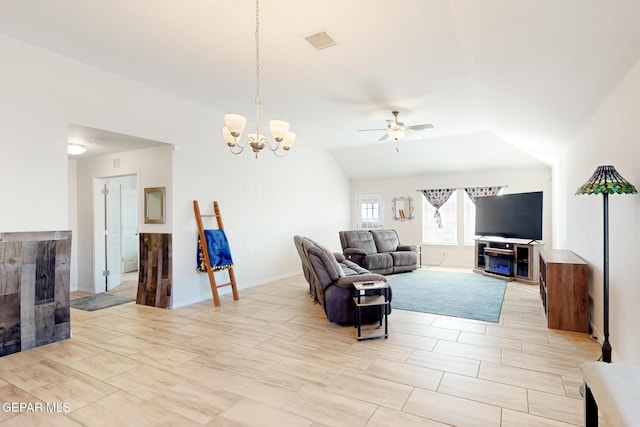 living room with vaulted ceiling and ceiling fan