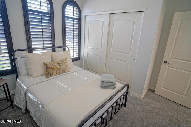 carpeted bedroom with a closet