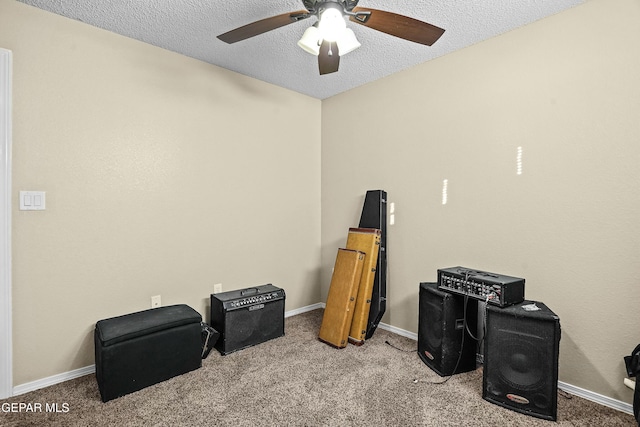 misc room featuring ceiling fan, light colored carpet, and a textured ceiling