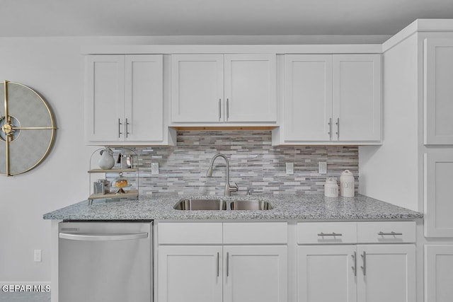 kitchen with white cabinetry, dishwasher, sink, and decorative backsplash