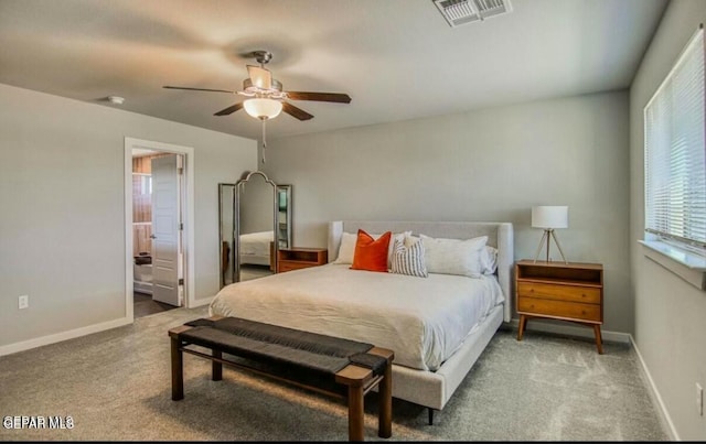 bedroom featuring ceiling fan and light colored carpet