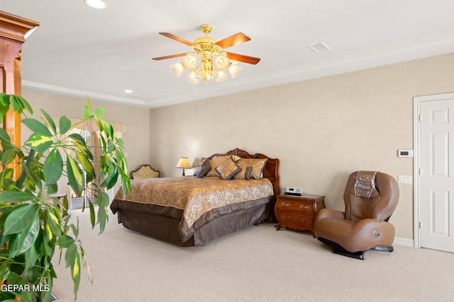 bedroom with ceiling fan and carpet floors