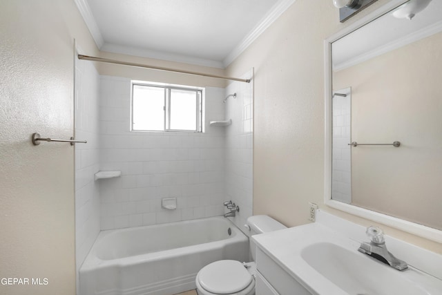 full bathroom with tiled shower / bath combo, ornamental molding, vanity, and toilet