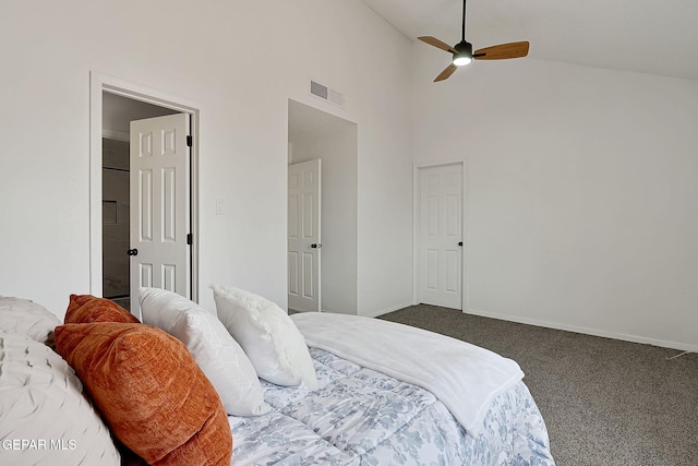 carpeted bedroom featuring high vaulted ceiling and ceiling fan