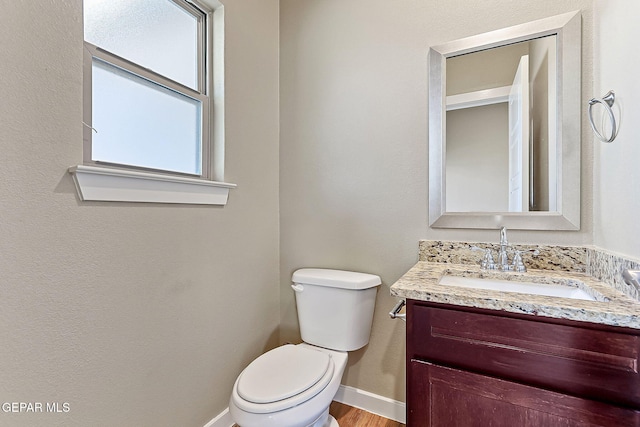 bathroom with vanity, hardwood / wood-style flooring, and toilet