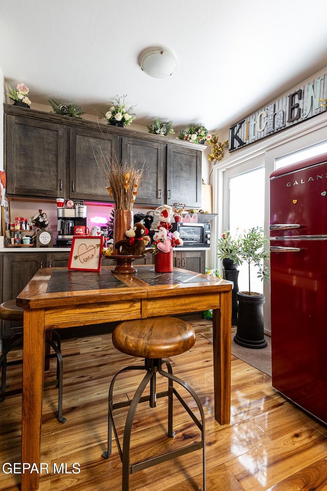 interior space with refrigerator, light hardwood / wood-style floors, and dark brown cabinets