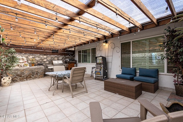 view of patio with an outdoor living space and a pergola