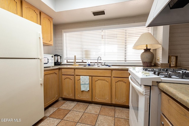 kitchen featuring white appliances, a healthy amount of sunlight, range hood, and sink