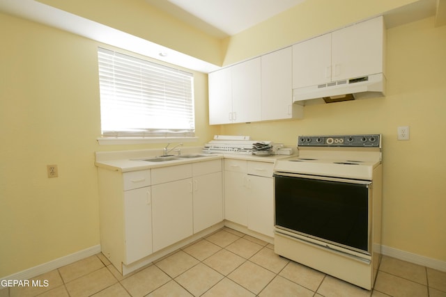 kitchen featuring white electric stove, white cabinetry, sink, and light tile patterned flooring