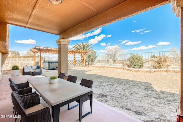 view of patio with a hot tub, outdoor lounge area, and a pergola