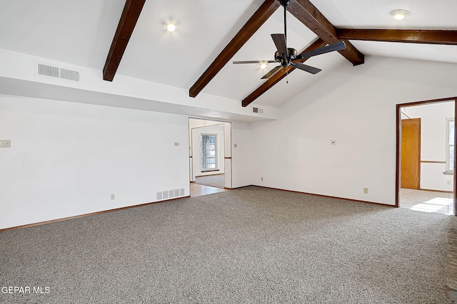 unfurnished living room with ceiling fan, high vaulted ceiling, light colored carpet, and beamed ceiling