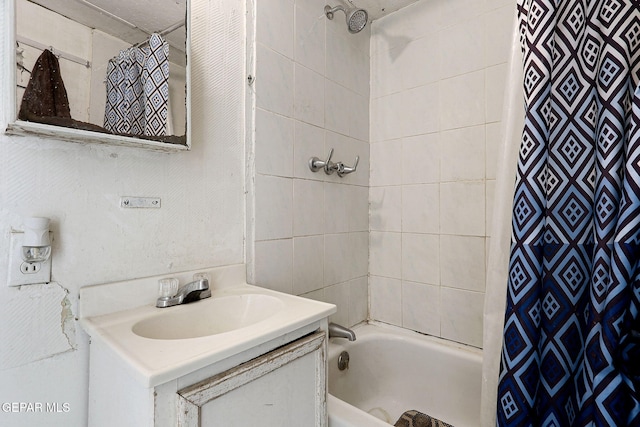 bathroom with vanity and shower / bath combo with shower curtain