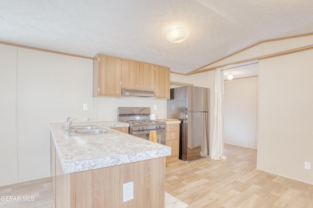 kitchen with sink, light hardwood / wood-style flooring, stainless steel appliances, light brown cabinetry, and vaulted ceiling