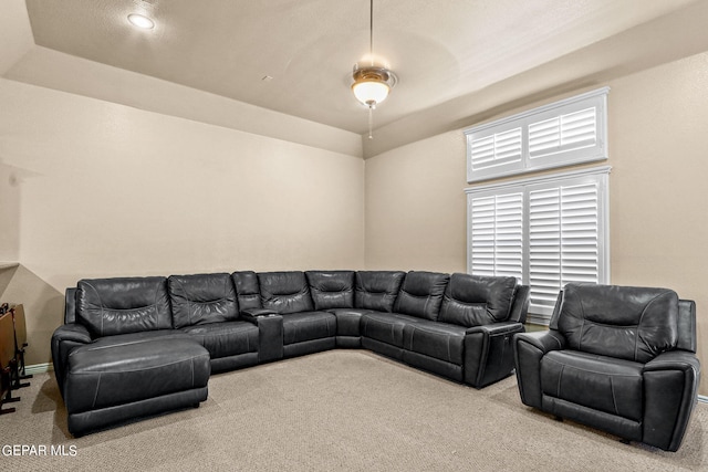 carpeted living room featuring a raised ceiling