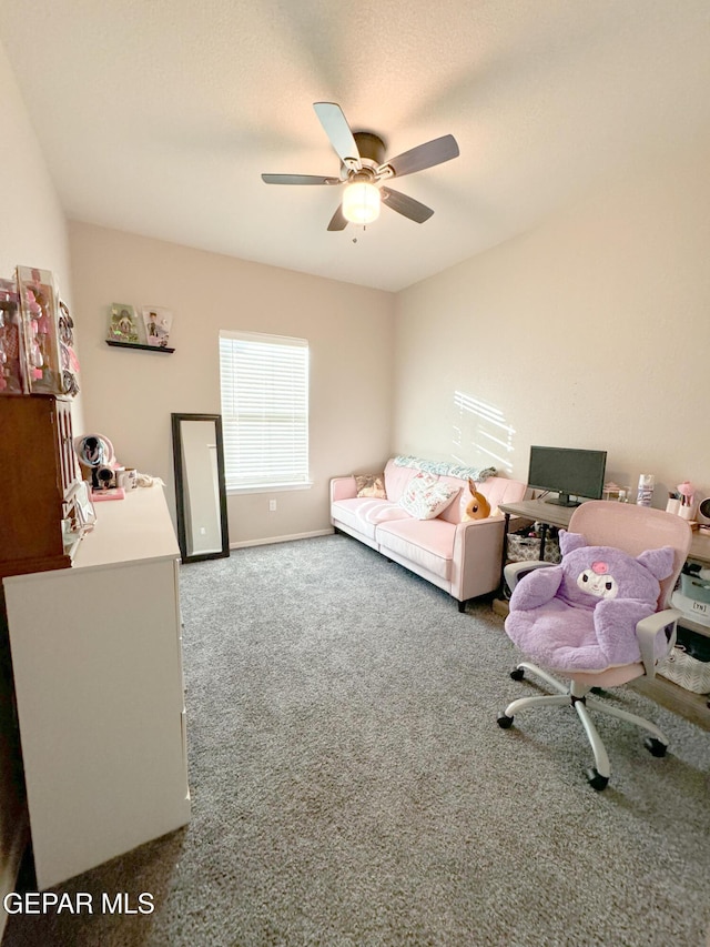 bedroom featuring ceiling fan and carpet flooring