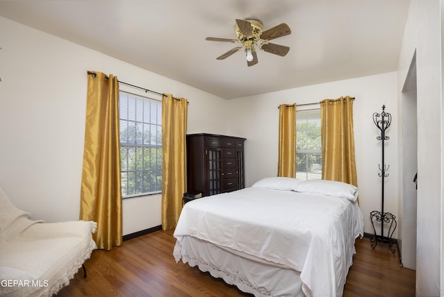 5047 Conley Rd, El Paso, TX 79932 - bedroom featuring ceiling fan, dark hardwood / wood-style flooring, and multiple windows