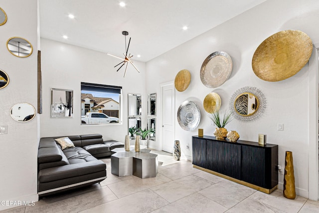 living room with an inviting chandelier