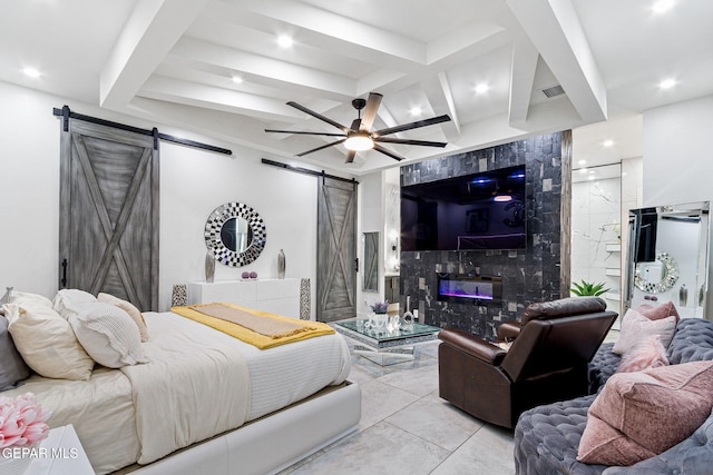 bedroom featuring coffered ceiling, a barn door, and beam ceiling