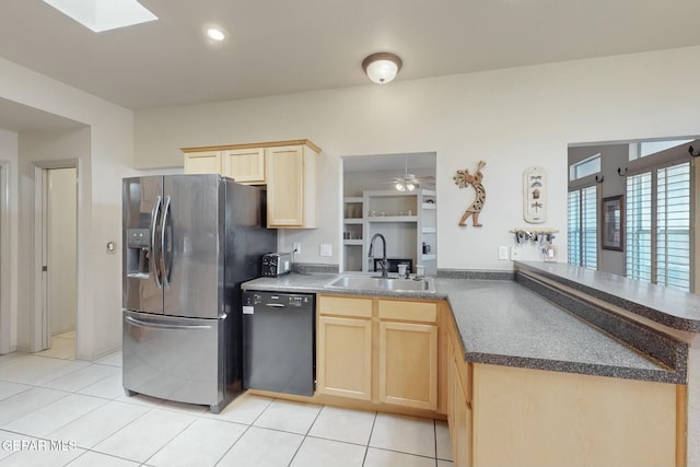 kitchen with stainless steel refrigerator with ice dispenser, black dishwasher, sink, and kitchen peninsula