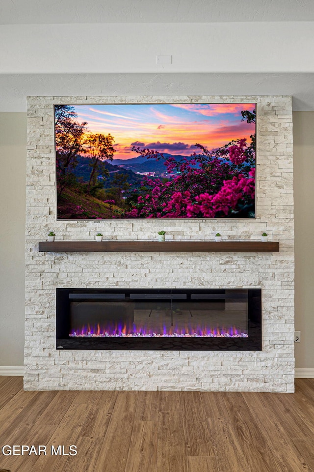 details with a fireplace, baseboards, and wood finished floors