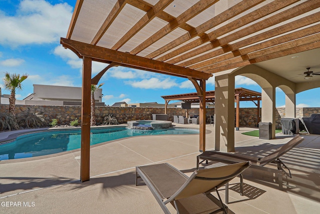 view of pool with a patio area, a pool with connected hot tub, a fenced backyard, and a pergola