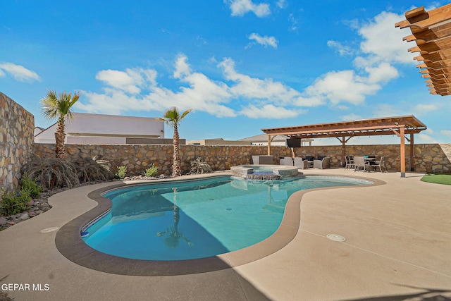 view of pool with a pool with connected hot tub, a fenced backyard, a pergola, and a patio area