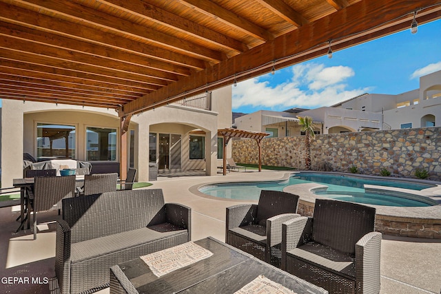 view of swimming pool with outdoor dining space, a patio, a fenced in pool, an in ground hot tub, and an outdoor living space