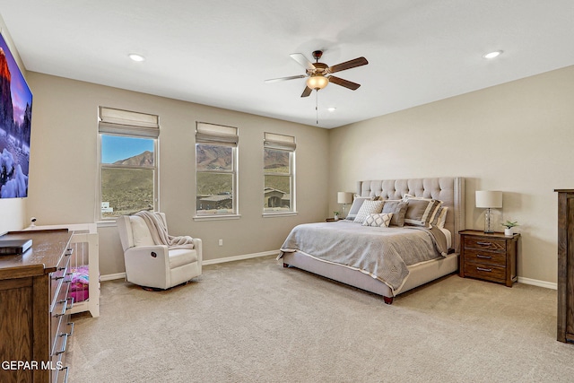 bedroom with recessed lighting, baseboards, a ceiling fan, and carpet flooring