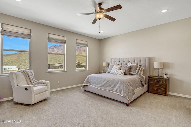 carpeted bedroom with recessed lighting, a ceiling fan, and baseboards