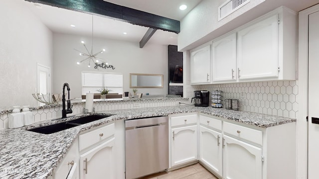 kitchen featuring sink, white cabinetry, decorative backsplash, stainless steel dishwasher, and kitchen peninsula