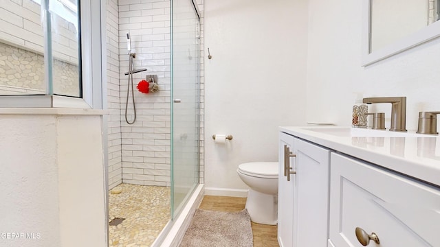 bathroom with a tile shower, vanity, and toilet