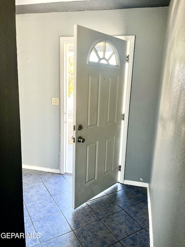 foyer featuring dark tile patterned flooring