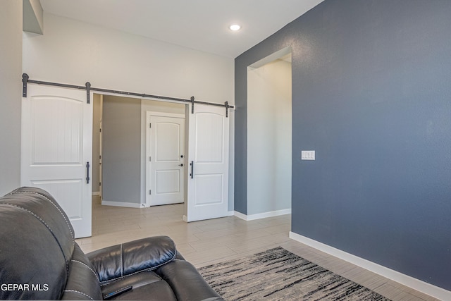 living room with a barn door