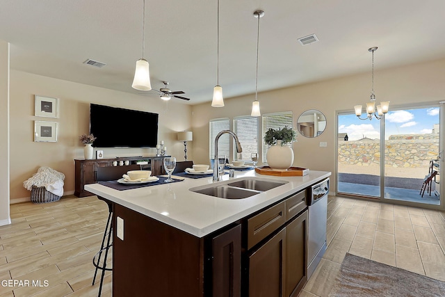 kitchen with pendant lighting, sink, and a center island with sink