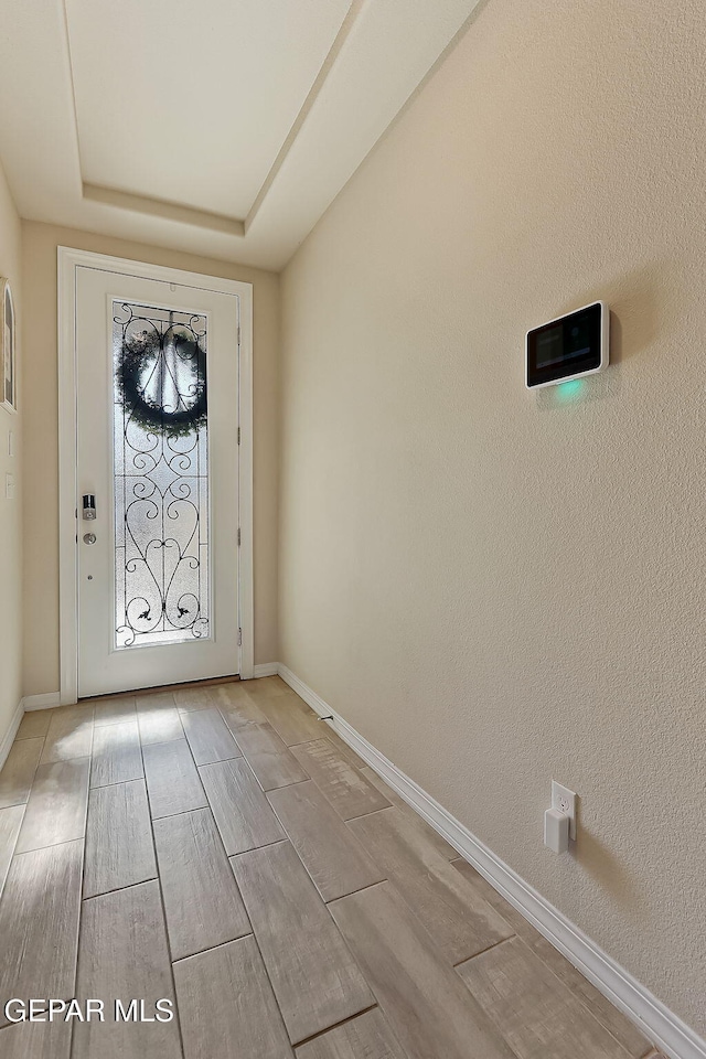 entrance foyer featuring a tray ceiling