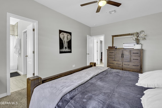 bedroom featuring connected bathroom and ceiling fan