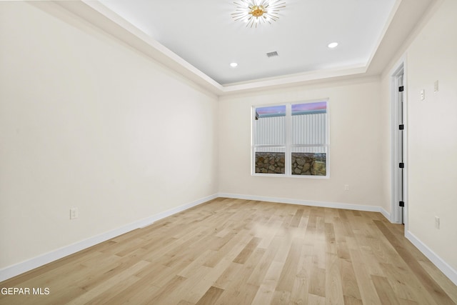 spare room featuring a raised ceiling and light wood-type flooring