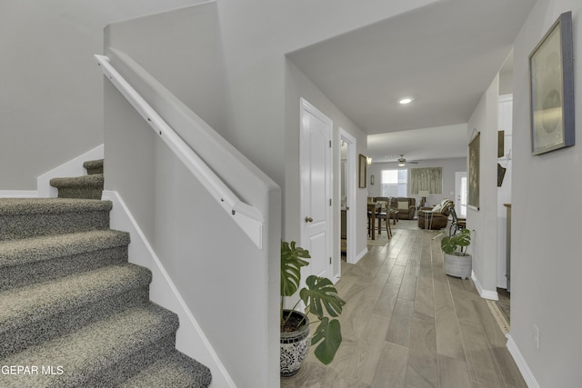 staircase featuring hardwood / wood-style flooring and ceiling fan