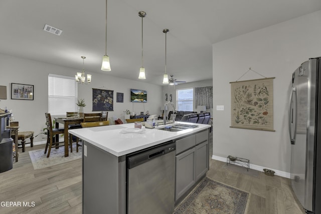 kitchen with an island with sink, sink, gray cabinetry, hanging light fixtures, and stainless steel appliances