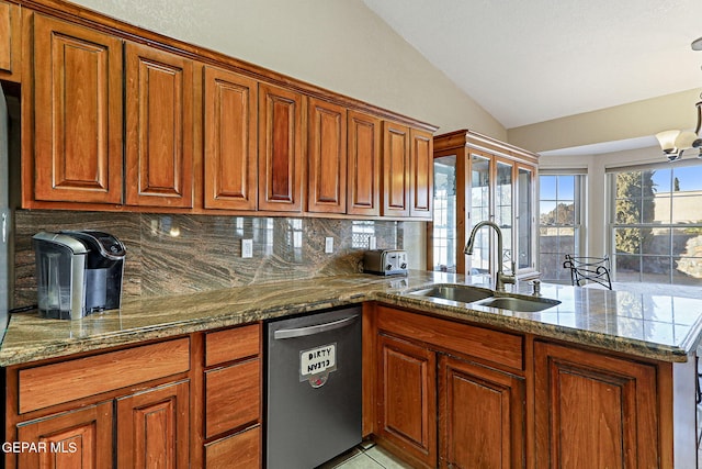 kitchen featuring lofted ceiling, sink, kitchen peninsula, and dishwasher